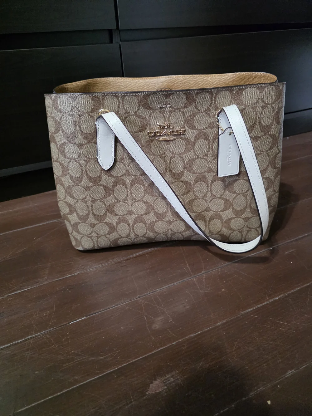 Coach Signature Canvas Tote in Brown with White Straps